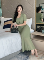 Đầm maxi form dài cổ vuông, đính khoen eo, tay phồng - GR0327