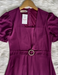 Đầm maxi form dài cổ vuông, đính khoen eo, tay phồng - GR0327