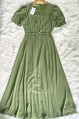 Đầm maxi form dài cổ vuông, đính khoen eo, tay phồng - GR0327