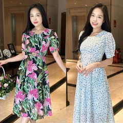 Đầm xòe họa tiết hoa voan hàn, tay phồng, có túi - GR0328