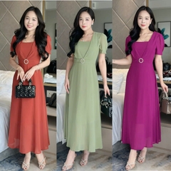 Đầm maxi form dài cổ vuông, đính khoen eo, tay phồng - GR0327