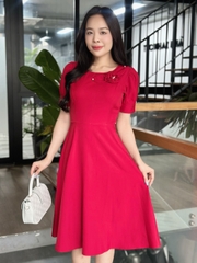 Đầm xòe trơn cổ tròn đính hoa lá kết ngọc, tay phồng - GR0329
