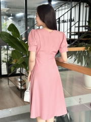 Đầm xòe trơn cổ tròn đính hoa lá kết ngọc, tay phồng - GR0329