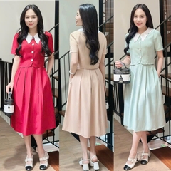 Set bộ áo phối cổ trắng nút rời, chân váy xếp ly có dây kéo hông, có túi - GR0330
