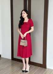 Đầm xòe thun xốp nhật cổ vuông, ngực đính hoa kết ngọc, tay phồng - GR0331