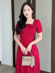 Đầm xòe thun xốp nhật cổ vuông, ngực đính hoa kết ngọc, tay phồng - GR0331