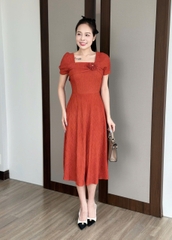 Đầm xòe thun xốp nhật cổ vuông, ngực đính hoa kết ngọc, tay phồng - GR0331