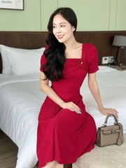 Đầm xòe thun xốp nhật cổ vuông, ngực đính hoa kết ngọc, tay phồng - GR0331