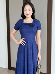 Đầm xòe thun xốp nhật cổ vuông, ngực đính hoa kết ngọc, tay phồng - GR0331