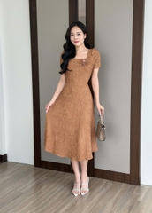 Đầm xòe thun xốp nhật cổ vuông, ngực đính hoa kết ngọc, tay phồng - GR0331