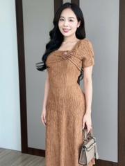 Đầm xòe thun xốp nhật cổ vuông, ngực đính hoa kết ngọc, tay phồng - GR0331