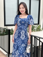 Đầm xòe họa tiết hoa, cổ vuông, bèo tầng, tay loe - GR0332