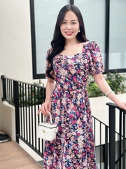 Đầm xòe họa tiết hoa, cổ vuông, bèo tầng, tay loe - GR0332