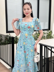 Đầm xòe họa tiết hoa, cổ vuông, bèo tầng, tay loe - GR0332