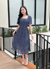 Đầm xòe họa tiết hoa, cổ vuông, bèo tầng, tay loe - GR0332