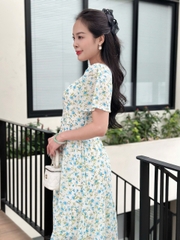 Đầm xòe họa tiết hoa, cổ vuông, bèo tầng, tay loe - GR0332