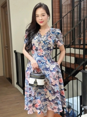 Đầm xòe hoa cổ V xếp ly phối bèo, đính nút, tay phồng, có túi - GR0335