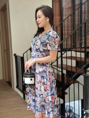 Đầm xòe hoa cổ V xếp ly phối bèo, đính nút, tay phồng, có túi - GR0335