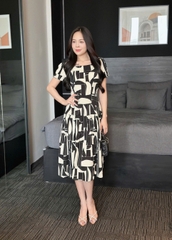 Đầm xòe họa tiết cổ vuông, bèo tầng, tay con, có túi - GR0339