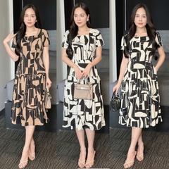 Đầm xòe họa tiết cổ vuông, bèo tầng, tay con, có túi - GR0339