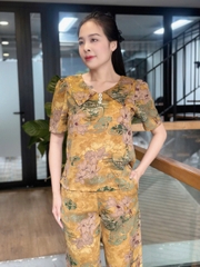 Đồ bộ trung niên tặng mẹ, áo đính nút, tay phồng, quần bo chun có túi - GR0336