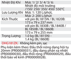 Máy Thổi Nóng Dùng Pin DHG181ZK (～550℃)(18V) ( Không bao gồm pin, sạc )