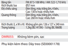 Radio Kết Hợp Đèn Lồng Dùng Pin DMR055 18V ( Không bao gồm pin, sạc )