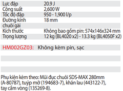 Máy Đục Bê Tông Dùng Pin HM002GZ03 Chuôi gài SDS - MAX 40Vmax x2 ( Không bao gồm pin và sạc )