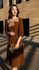 Đầm umi hàn phối lụa TraLi 25218 màu Nâu