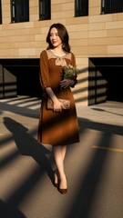 Đầm umi hàn phối lụa TraLi 25218 màu Nâu