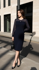 Đầm Tuytsi phối chiffon TRALI 25219 xanh than