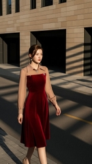 Đầm nhung hàn đỏ phối lụa Trali 25222 màu Nâu