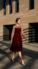 Đầm nhung hàn đỏ phối lụa Trali 25222 màu Nâu