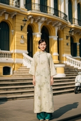 Áo dài tằm kim cương vàng quần xanh TRALI 25905