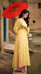 Áo dài vàng quần hồng TRALI 25907