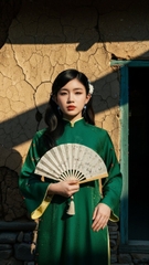 Áo dài tằm kim cương xanh lá quần trắng TRALI 25904