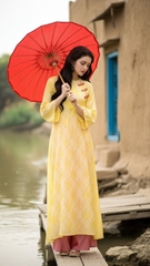 Áo dài vàng quần hồng TRALI 25907