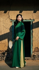 Áo dài tằm kim cương xanh lá quần trắng TRALI 25904