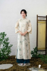 Áo dài tằm kim cương vàng quần xanh TRALI 25905