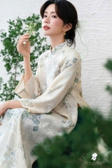 Áo dài tằm kim cương vàng quần xanh TRALI 25905