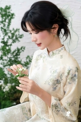 Áo dài tằm kim cương vàng quần xanh TRALI 25905