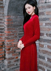 Áo dài nhung đỏ TRALI 25909