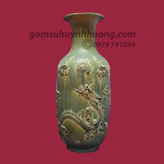 Lộc bình đắp rồng nổi men xanh, cổ bọc đồng