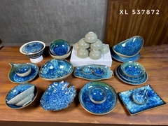 Bộ bát đĩa men hoả biến xanh loang