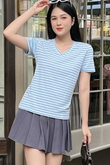 Áo thun nữ cổ tim - Sọc Xanh Trắng - BSA31