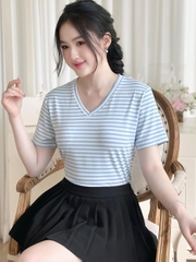 Áo thun nữ cổ tim - Sọc Xanh Trắng - BSA31
