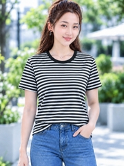 Áo thun nữ cổ tròn sọc ngang TOLI BSB33 – Cotton mềm, form suông gọn dáng, dễ phối mặc mỗi ngày