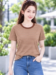 Áo thun nữ cổ tròn sọc ngang TOLI BSB33 – Cotton mềm, form suông gọn dáng, dễ phối mặc mỗi ngày