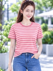 Áo thun nữ cổ tròn sọc ngang TOLI BSB33 – Cotton mềm, form suông gọn dáng, dễ phối mặc mỗi ngày