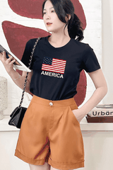 Áo thun nữ tay ngắn-Cổ Tròn-Đen-In America-PSB11-01
